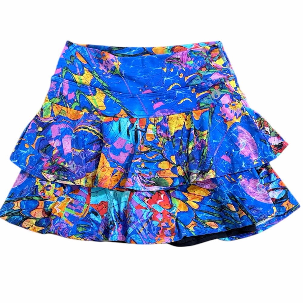 DONA JO Women Sz 1 Colorful Abstract Fish Painted Print Tennis Lined RuffleSkirt